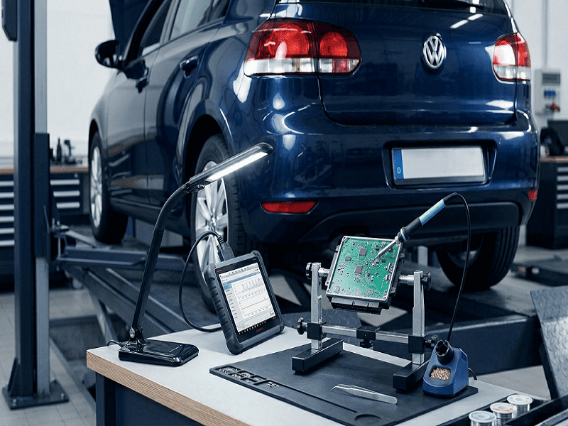 Diagnostic et réparation d'un module PDC électronique sur une Volkswagen Golf dans un atelier automobile.
